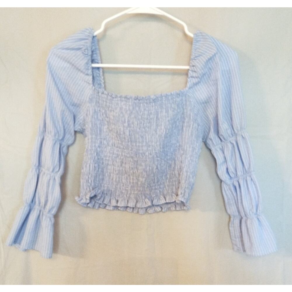 Storia Women's Blue Striped Stretch Crop Top w/Puff & Stretch Sleeves Size S